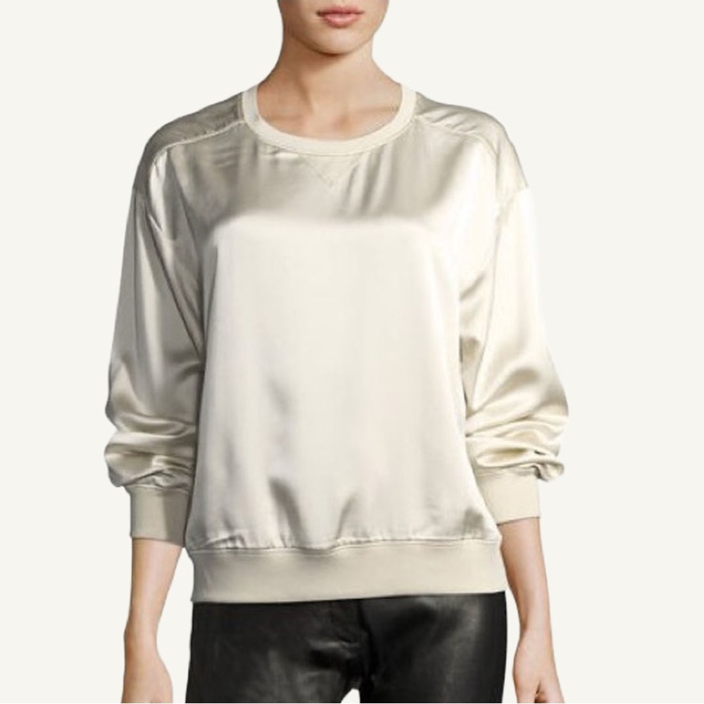 Theory Silk Crewneck Blouse Ivory Relaxed Fit Small